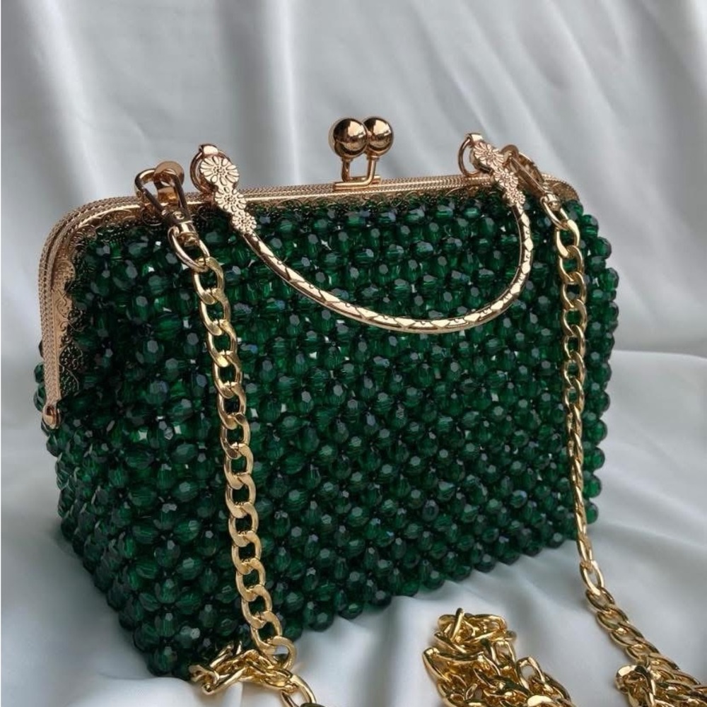 Handcrafted Emerald Beaded Chain Shoulder Bag - Gold Hardware